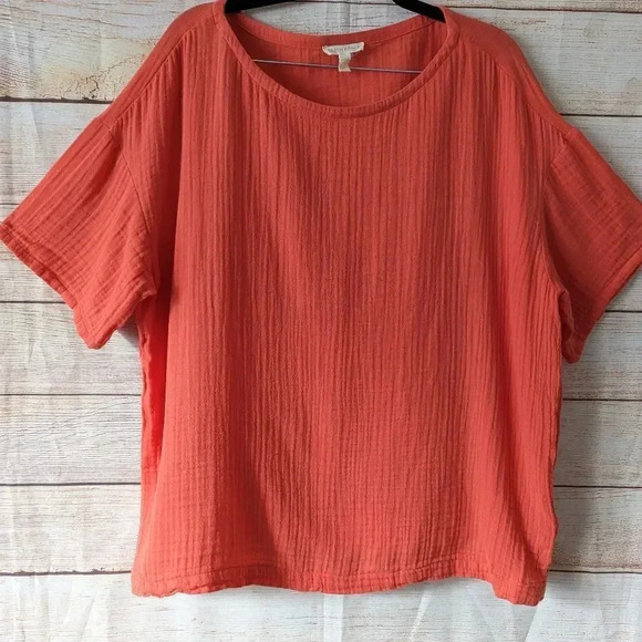 Eileen Fisher Size Large Boat Neck Boxy Blouse Organic Cotton Orange Color Gauge - Picture 4 of 10